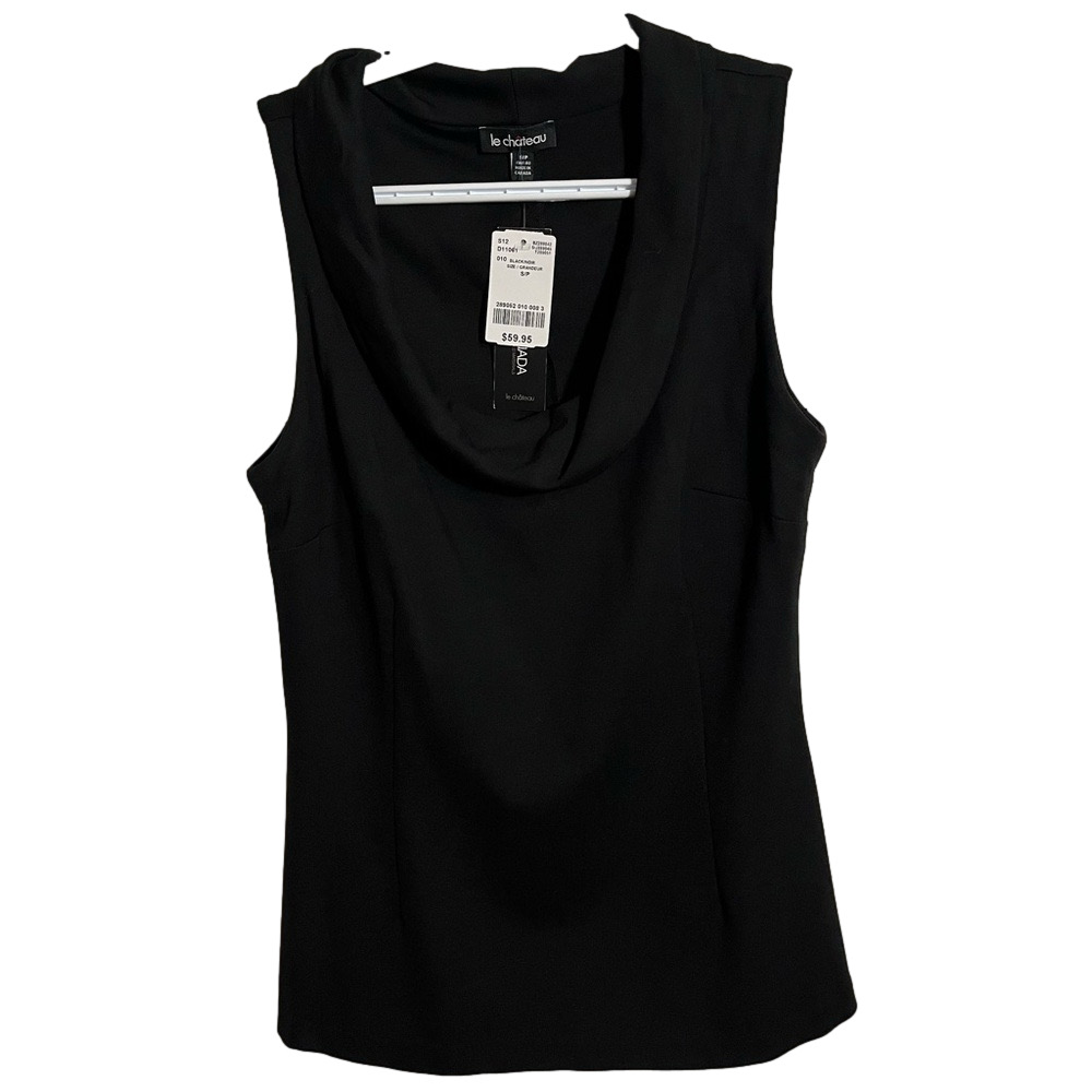 Le Chateau Black Sleeveless Tank Top Small Deep Cowl Neckline Fitted with Darts